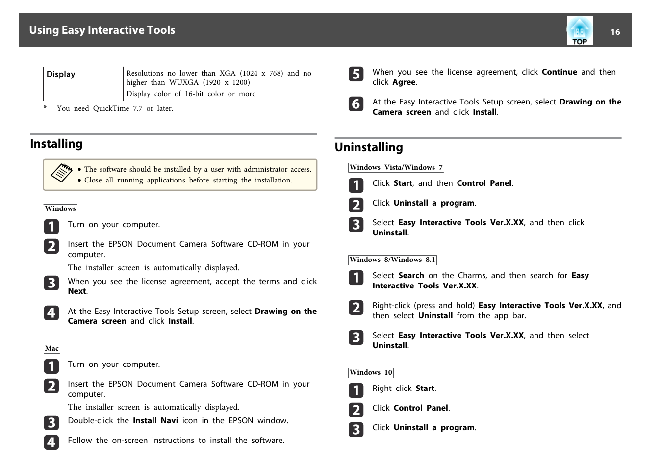 Installing, Uninstalling, Installing uninstalling | Epson DC-07 Document Camera User Manual | Page 16 / 32