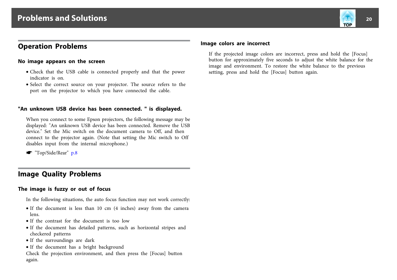 Problems and solutions, Operation problems, No image appears on the screen | Image quality problems, The image is fuzzy or out of focus, Image colors are incorrect | Epson DC-07 Document Camera User Manual | Page 20 / 32