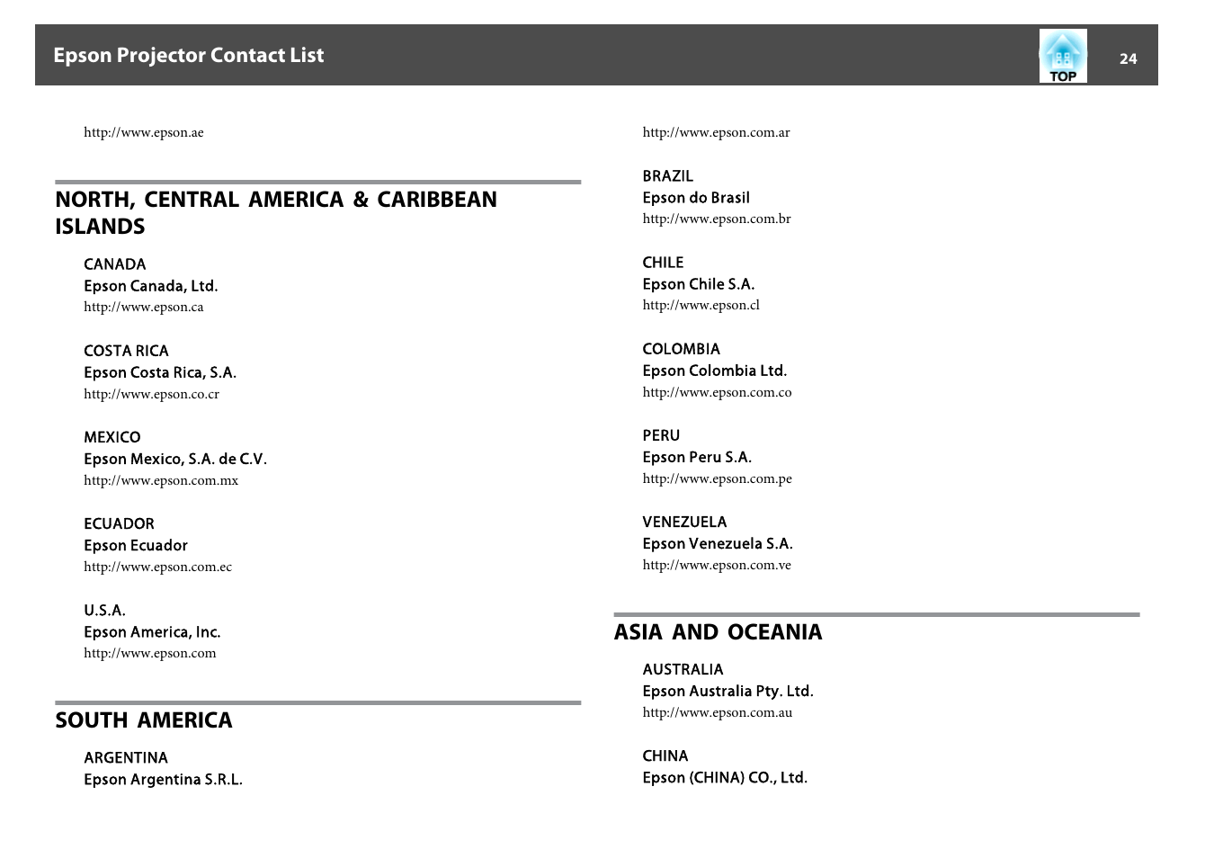 North, central america & caribbean islands, South america, Asia and oceania | Epson projector contact list | Epson DC-07 Document Camera User Manual | Page 24 / 32