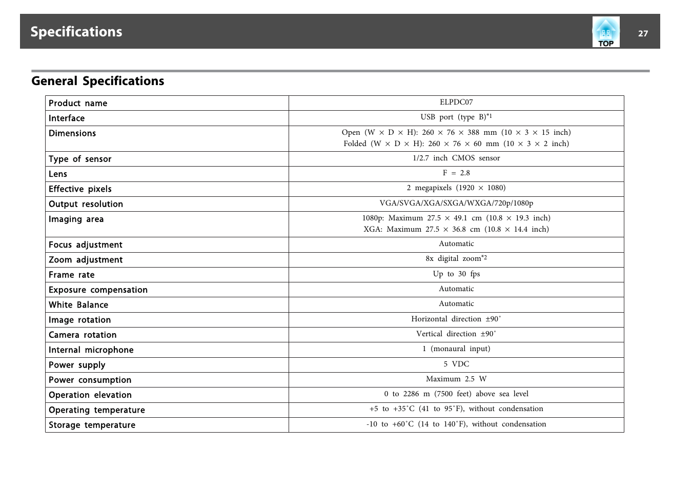 Specifications, General specifications | Epson DC-07 Document Camera User Manual | Page 27 / 32