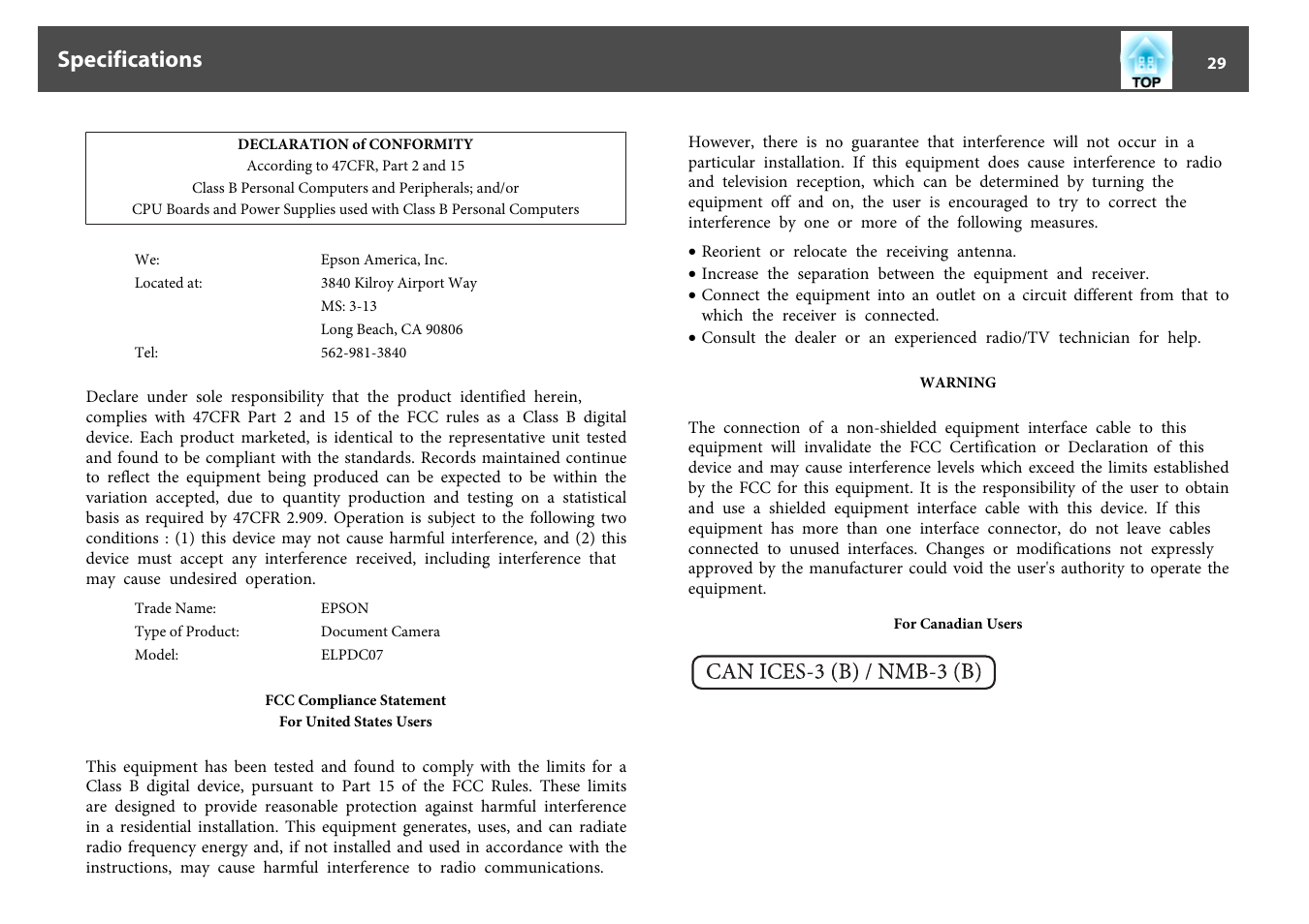 Specifications | Epson DC-07 Document Camera User Manual | Page 29 / 32