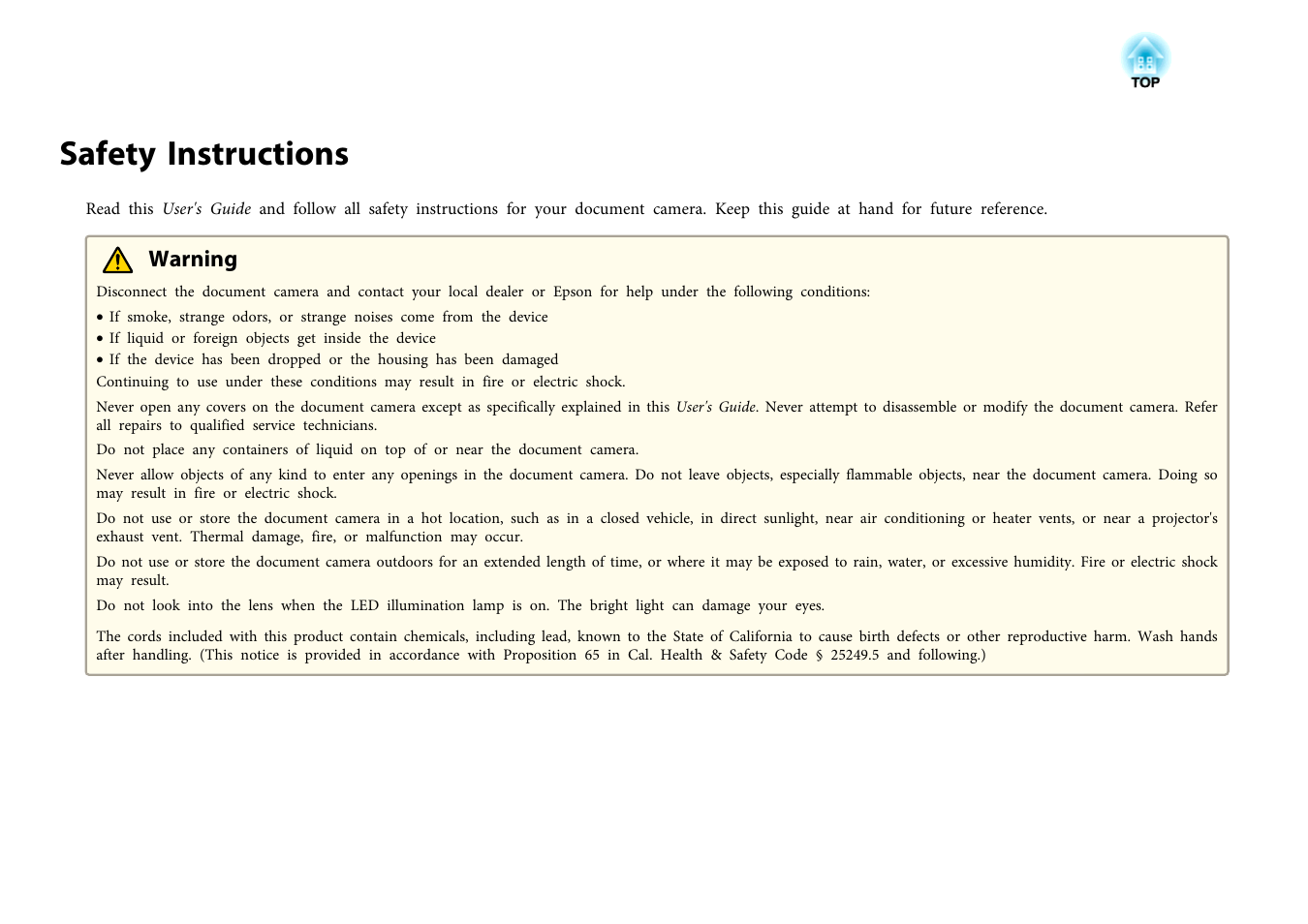 Safety instructions, Warning | Epson DC-07 Document Camera User Manual | Page 3 / 32