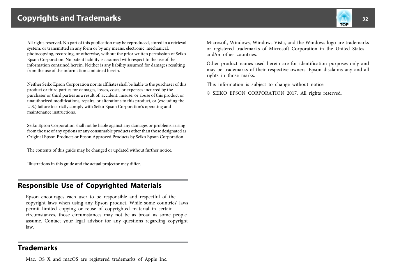 Copyrights and trademarks, Responsible use of copyrighted materials, Trademarks | Epson DC-07 Document Camera User Manual | Page 32 / 32