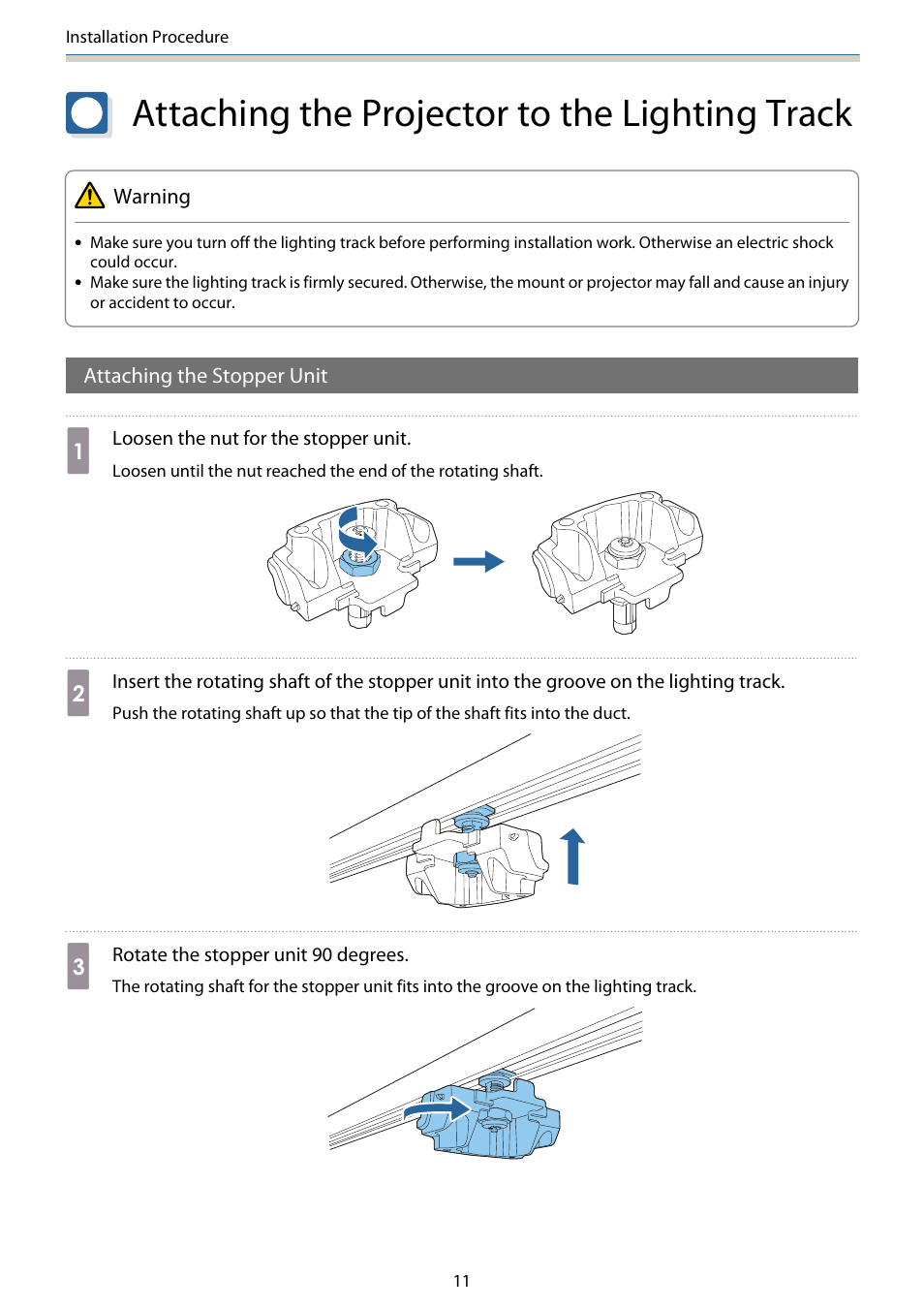 Attaching the projector to the lighting track, Attaching the stopper unit | Epson Lighting Track Mount for LightScene EV-105 (Black) User Manual | Page 12 / 20