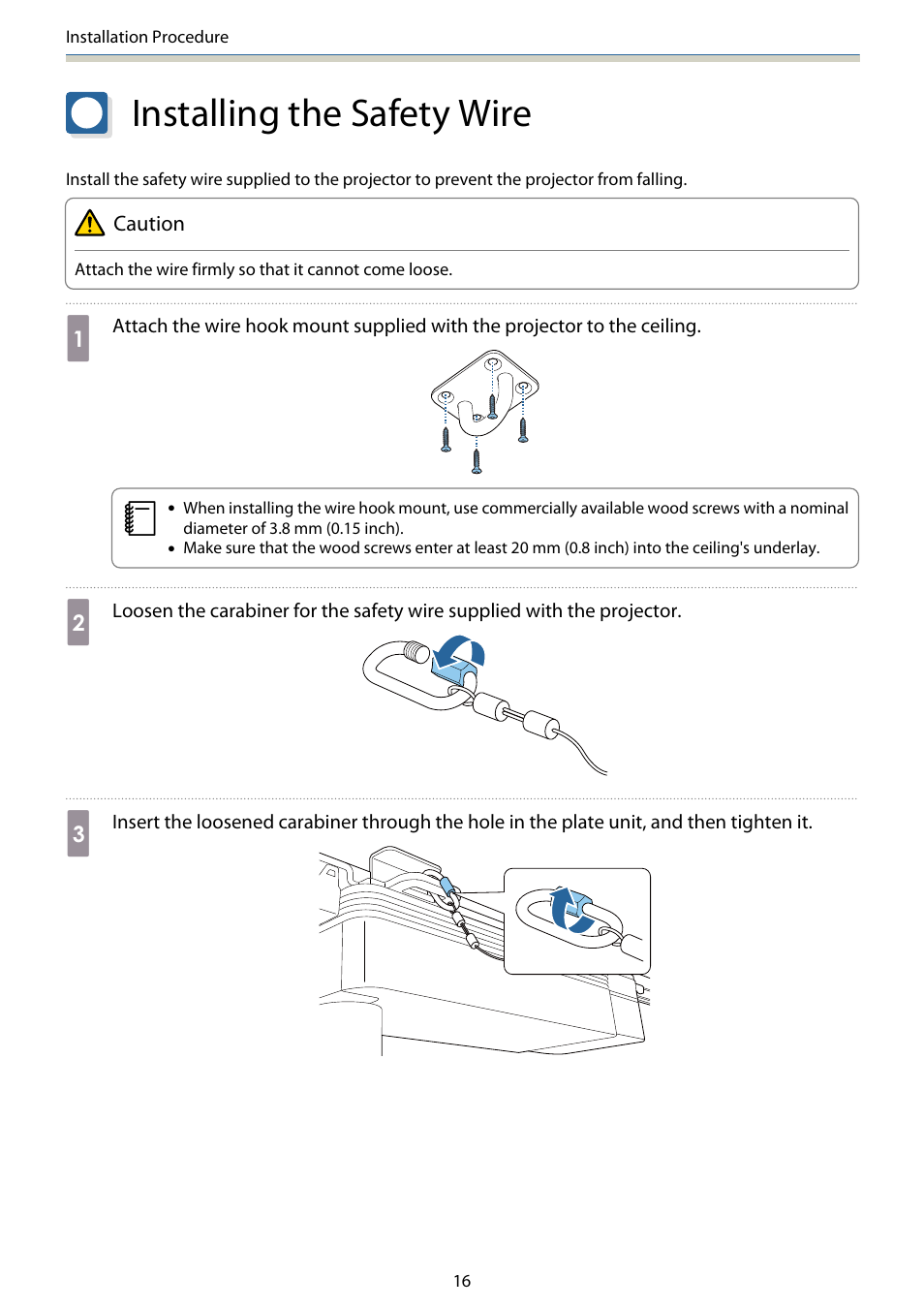 Installing the safety wire | Epson Lighting Track Mount for LightScene EV-105 (Black) User Manual | Page 17 / 20