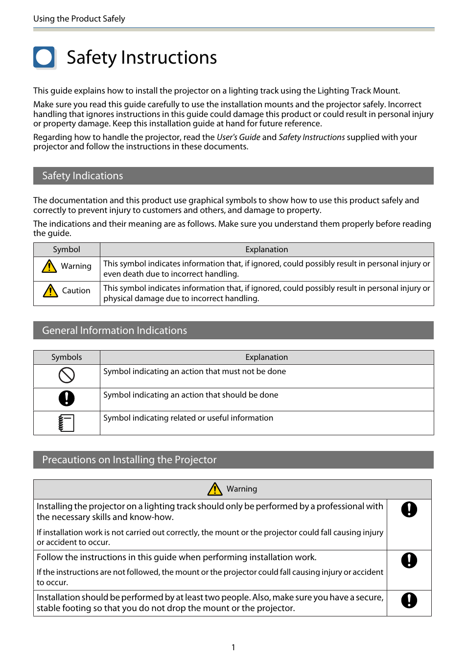 Using the product safely, Safety instructions, Safety indications | General information indications, Precautions on installing the projector | Epson Lighting Track Mount for LightScene EV-105 (Black) User Manual | Page 2 / 20