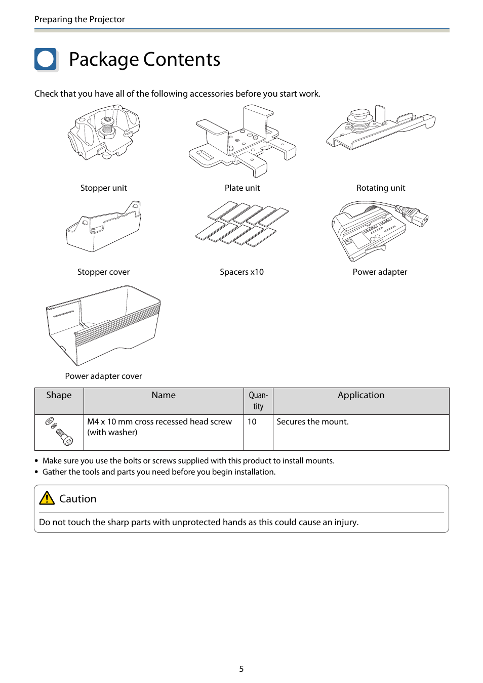Preparing the projector, Package contents, Caution | Epson Lighting Track Mount for LightScene EV-105 (Black) User Manual | Page 6 / 20