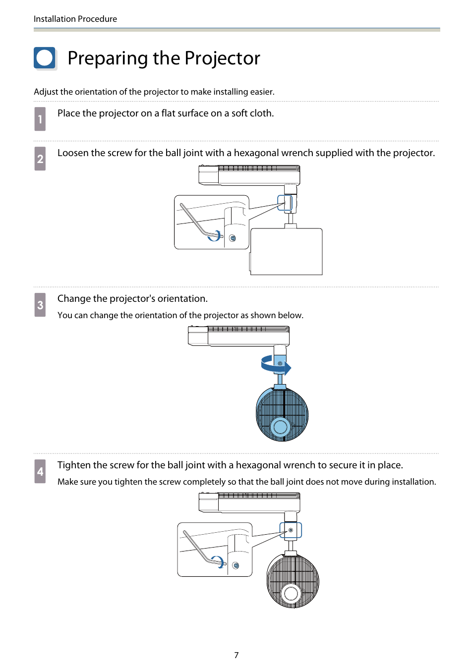 Installation procedure, Preparing the projector | Epson Lighting Track Mount for LightScene EV-105 (Black) User Manual | Page 8 / 20