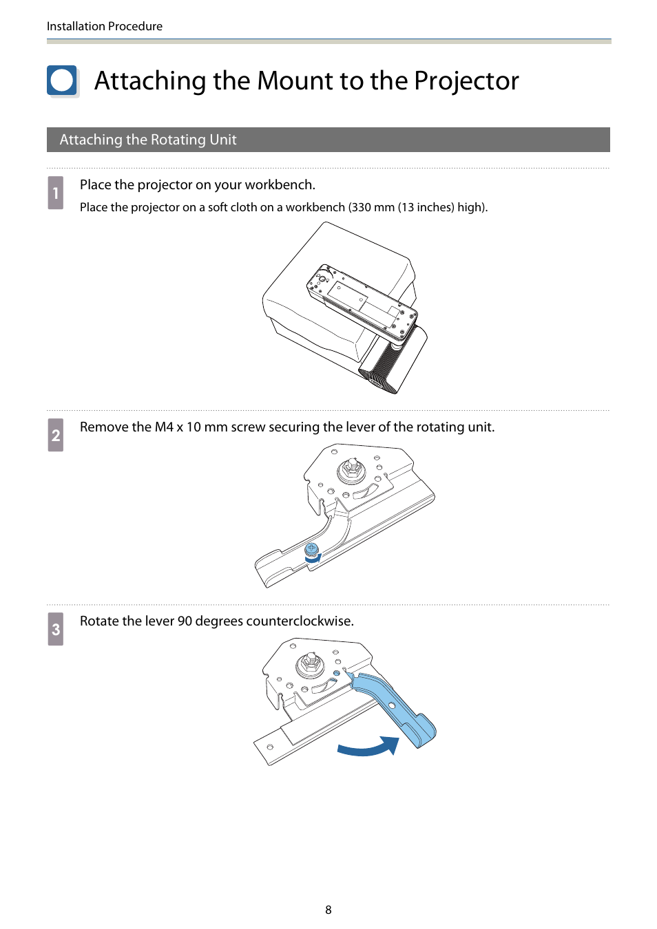 Attaching the mount to the projector, Attaching the rotating unit | Epson Lighting Track Mount for LightScene EV-105 (Black) User Manual | Page 9 / 20