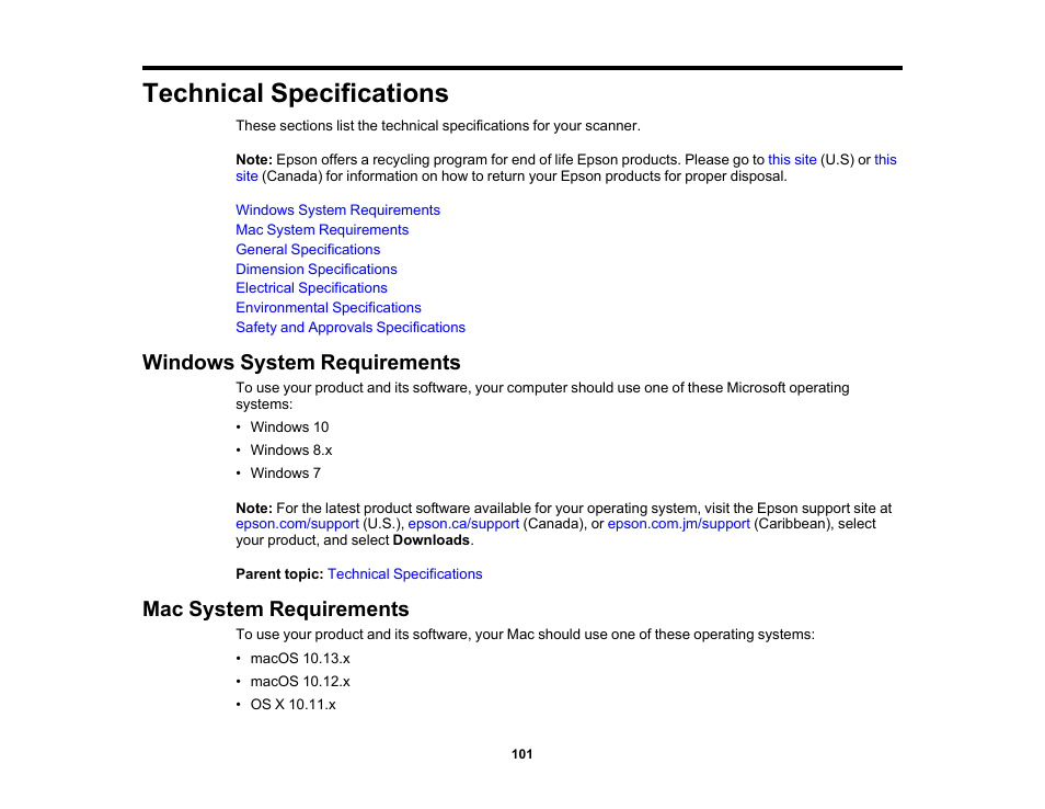 Technical specifications, Windows system requirements, Mac system requirements | Epson DS-1630 Flatbed Color Document Scanner User Manual | Page 101 / 115