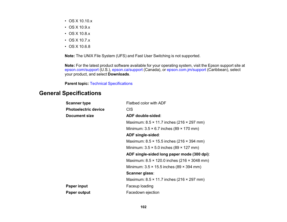 General specifications | Epson DS-1630 Flatbed Color Document Scanner User Manual | Page 102 / 115