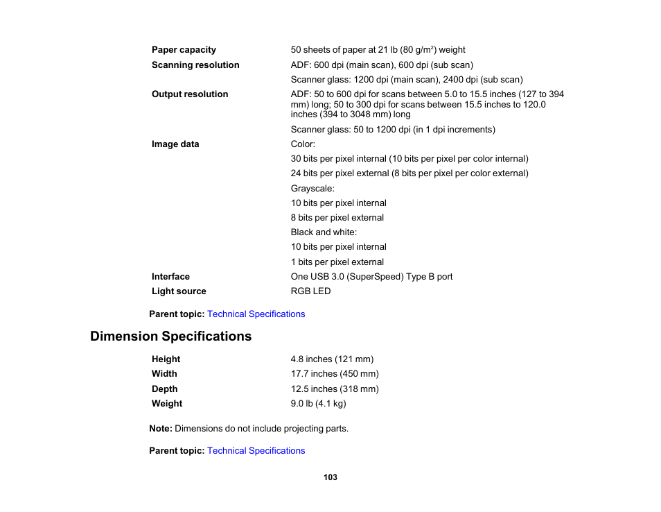 Dimension specifications | Epson DS-1630 Flatbed Color Document Scanner User Manual | Page 103 / 115