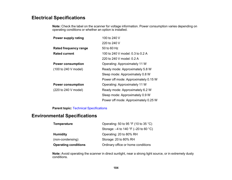 Electrical specifications, Environmental specifications | Epson DS-1630 Flatbed Color Document Scanner User Manual | Page 104 / 115