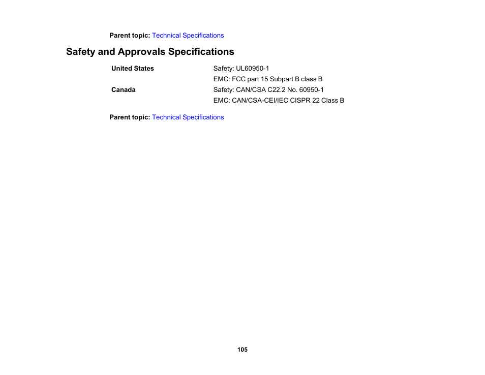 Safety and approvals specifications | Epson DS-1630 Flatbed Color Document Scanner User Manual | Page 105 / 115