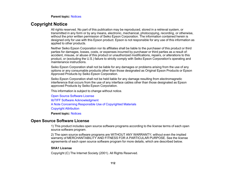 Copyright notice, Open source software license | Epson DS-1630 Flatbed Color Document Scanner User Manual | Page 112 / 115