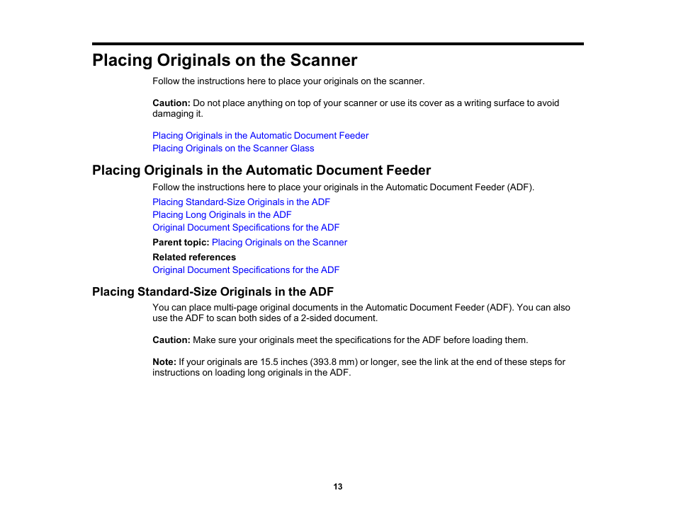 Placing originals on the scanner, Placing originals in the automatic document feeder, Placing standard-size originals in the adf | Epson DS-1630 Flatbed Color Document Scanner User Manual | Page 13 / 115