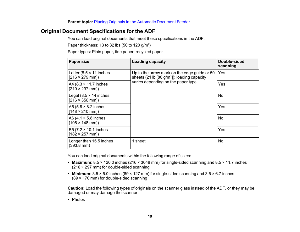 Original document specifications for the adf | Epson DS-1630 Flatbed Color Document Scanner User Manual | Page 19 / 115