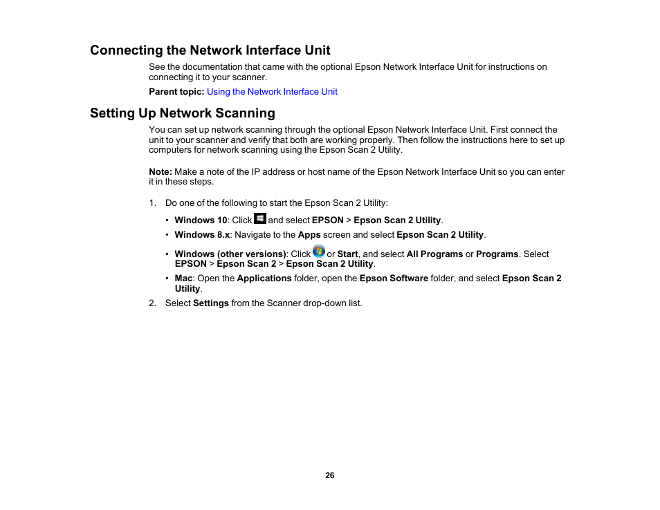 Connecting the network interface unit, Setting up network scanning | Epson DS-1630 Flatbed Color Document Scanner User Manual | Page 26 / 115