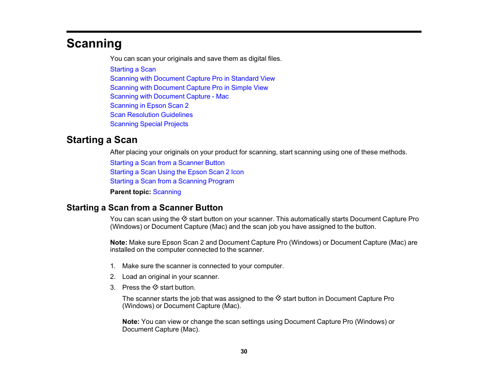 Scanning, Starting a scan, Starting a scan from a scanner button | Epson DS-1630 Flatbed Color Document Scanner User Manual | Page 30 / 115