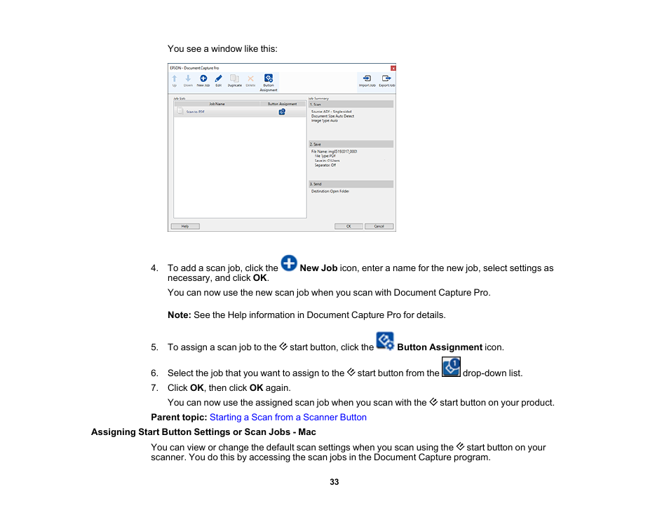 Assigning start button settings or scan jobs - mac | Epson DS-1630 Flatbed Color Document Scanner User Manual | Page 33 / 115