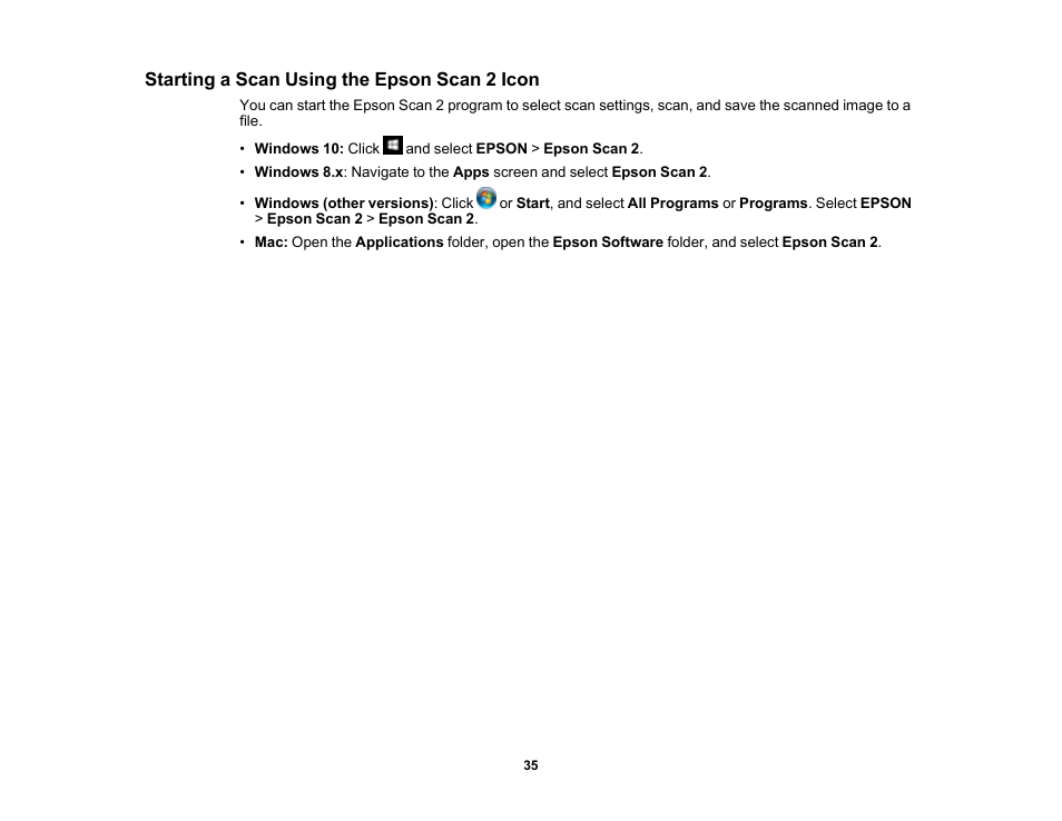 Starting a scan using the epson scan 2 icon | Epson DS-1630 Flatbed Color Document Scanner User Manual | Page 35 / 115