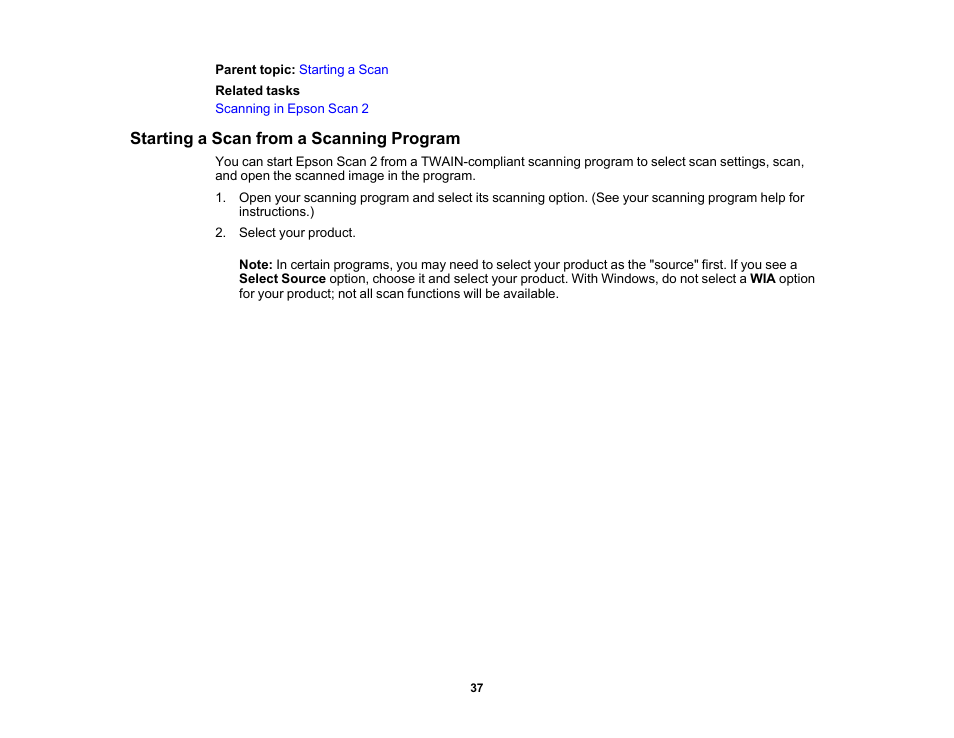 Starting a scan from a scanning program | Epson DS-1630 Flatbed Color Document Scanner User Manual | Page 37 / 115