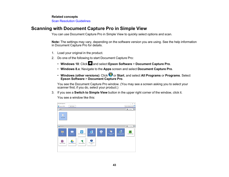 Scanning with document capture pro in simple view | Epson DS-1630 Flatbed Color Document Scanner User Manual | Page 43 / 115