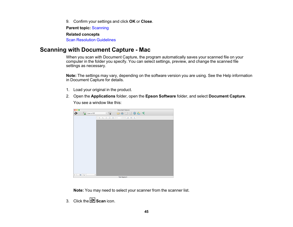 Scanning with document capture - mac | Epson DS-1630 Flatbed Color Document Scanner User Manual | Page 45 / 115