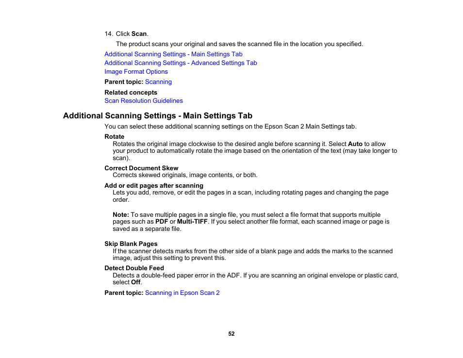 Additional scanning settings - main settings tab | Epson DS-1630 Flatbed Color Document Scanner User Manual | Page 52 / 115