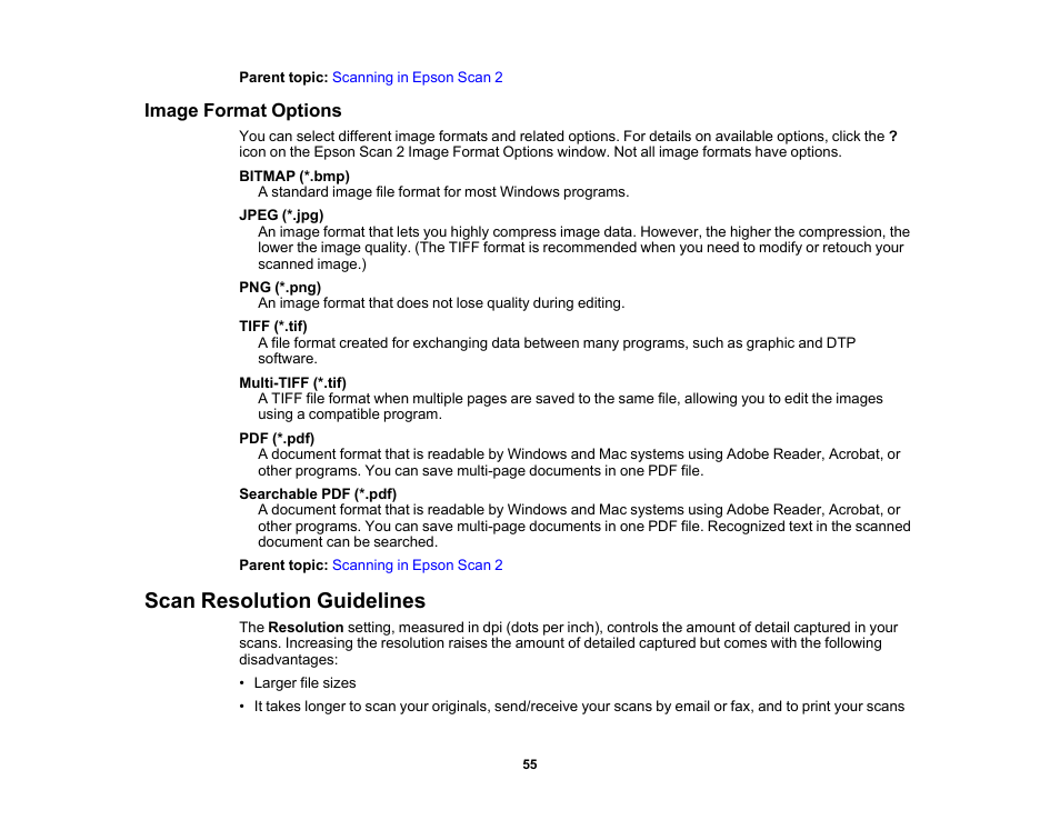 Image format options, Scan resolution guidelines | Epson DS-1630 Flatbed Color Document Scanner User Manual | Page 55 / 115