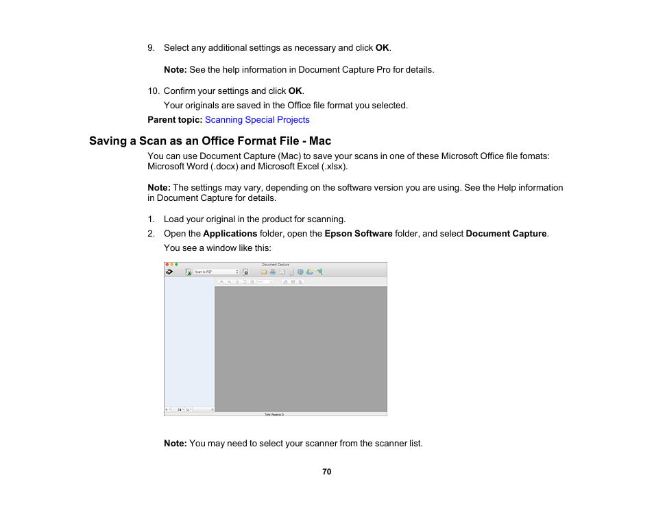 Saving a scan as an office format file - mac | Epson DS-1630 Flatbed Color Document Scanner User Manual | Page 70 / 115