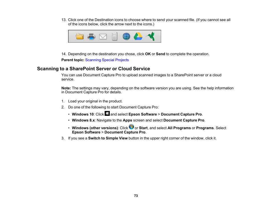 Scanning to a sharepoint server or cloud service | Epson DS-1630 Flatbed Color Document Scanner User Manual | Page 73 / 115