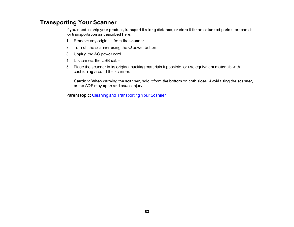 Transporting your scanner | Epson DS-1630 Flatbed Color Document Scanner User Manual | Page 83 / 115