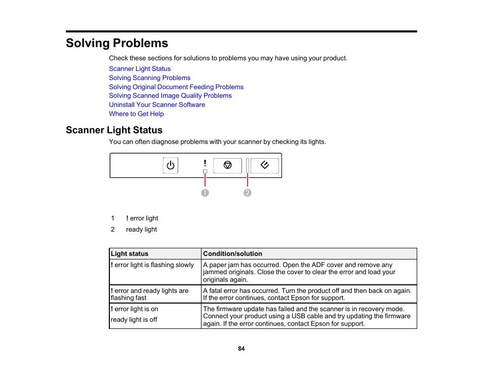 Solving problems, Scanner light status | Epson DS-1630 Flatbed Color Document Scanner User Manual | Page 84 / 115