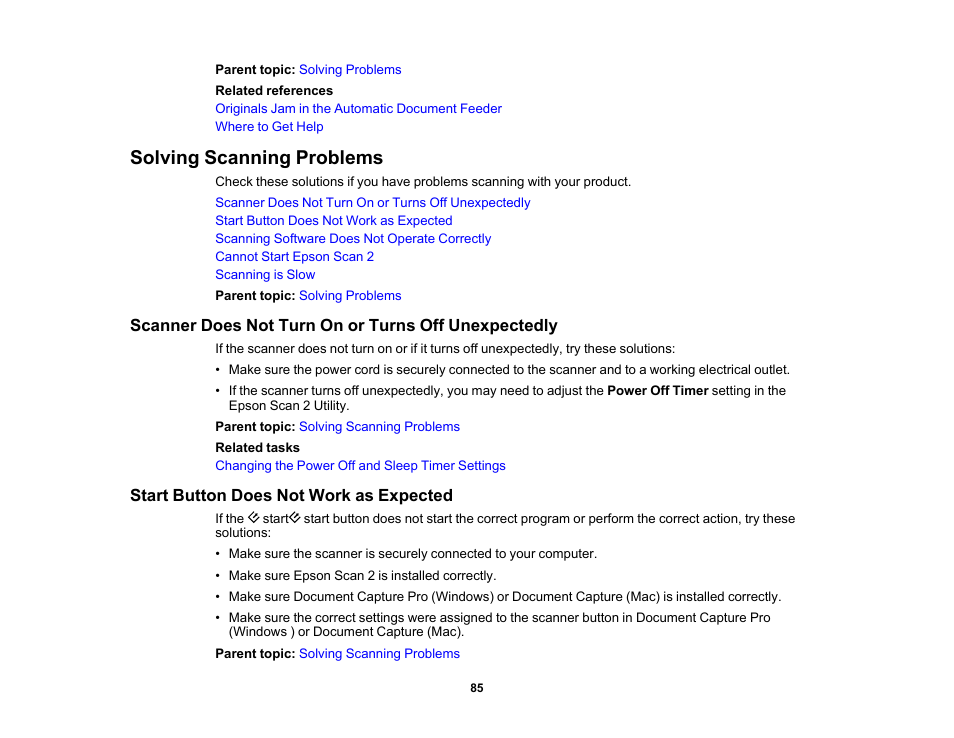 Solving scanning problems, Scanner does not turn on or turns off unexpectedly, Start button does not work as expected | Epson DS-1630 Flatbed Color Document Scanner User Manual | Page 85 / 115