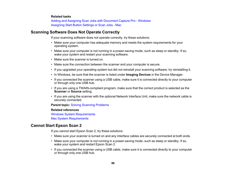 Scanning software does not operate correctly, Cannot start epson scan 2 | Epson DS-1630 Flatbed Color Document Scanner User Manual | Page 86 / 115