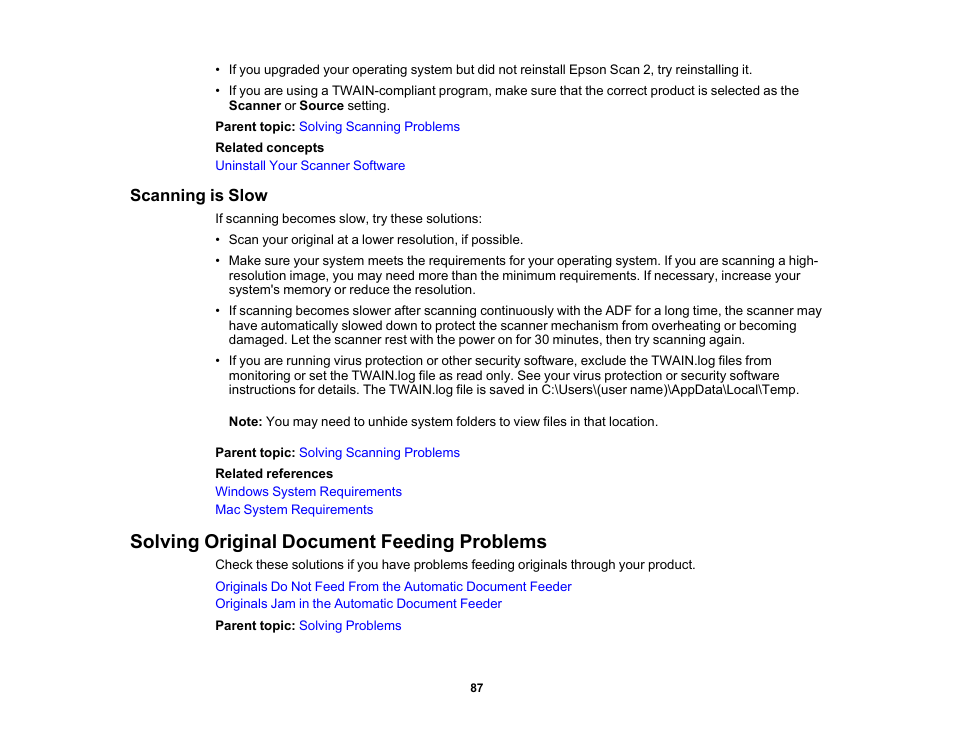 Scanning is slow, Solving original document feeding problems | Epson DS-1630 Flatbed Color Document Scanner User Manual | Page 87 / 115