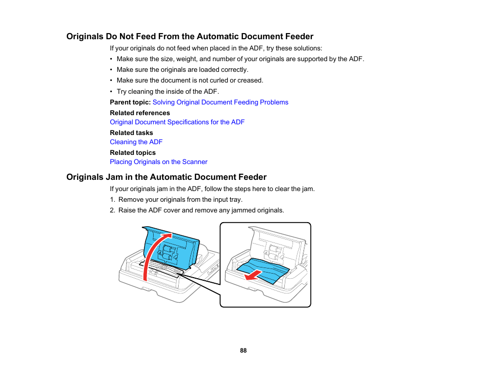 Originals jam in the automatic document feeder | Epson DS-1630 Flatbed Color Document Scanner User Manual | Page 88 / 115