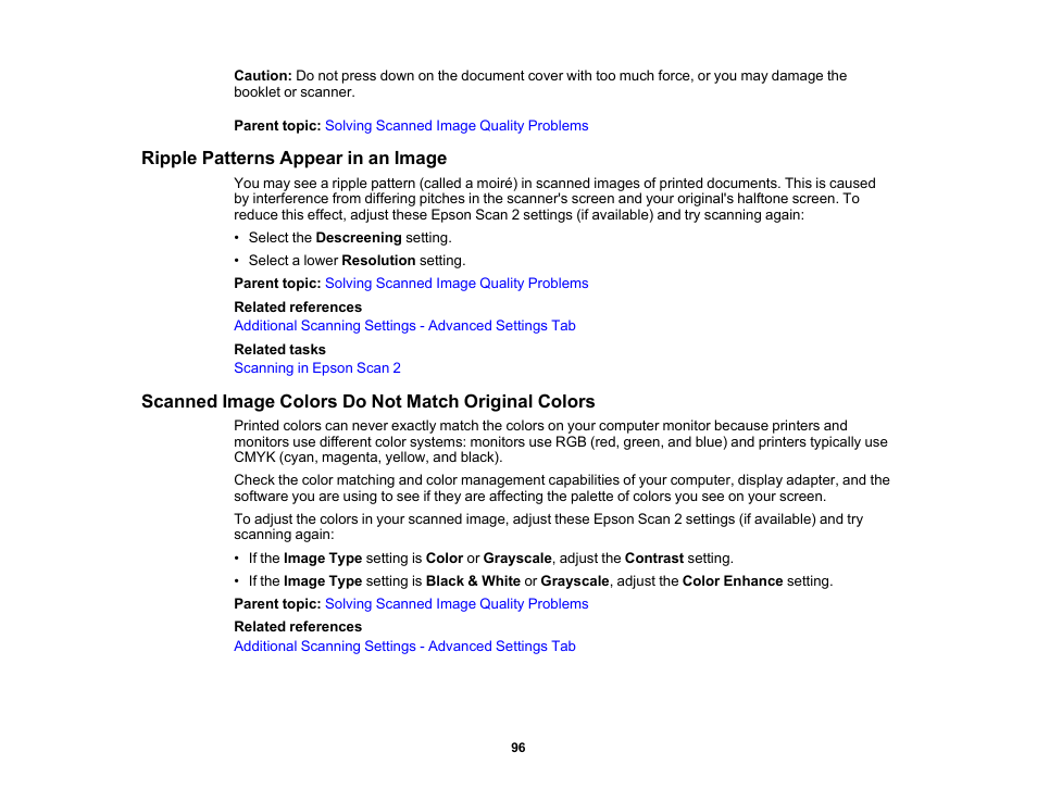 Ripple patterns appear in an image, Scanned image colors do not match original colors | Epson DS-1630 Flatbed Color Document Scanner User Manual | Page 96 / 115