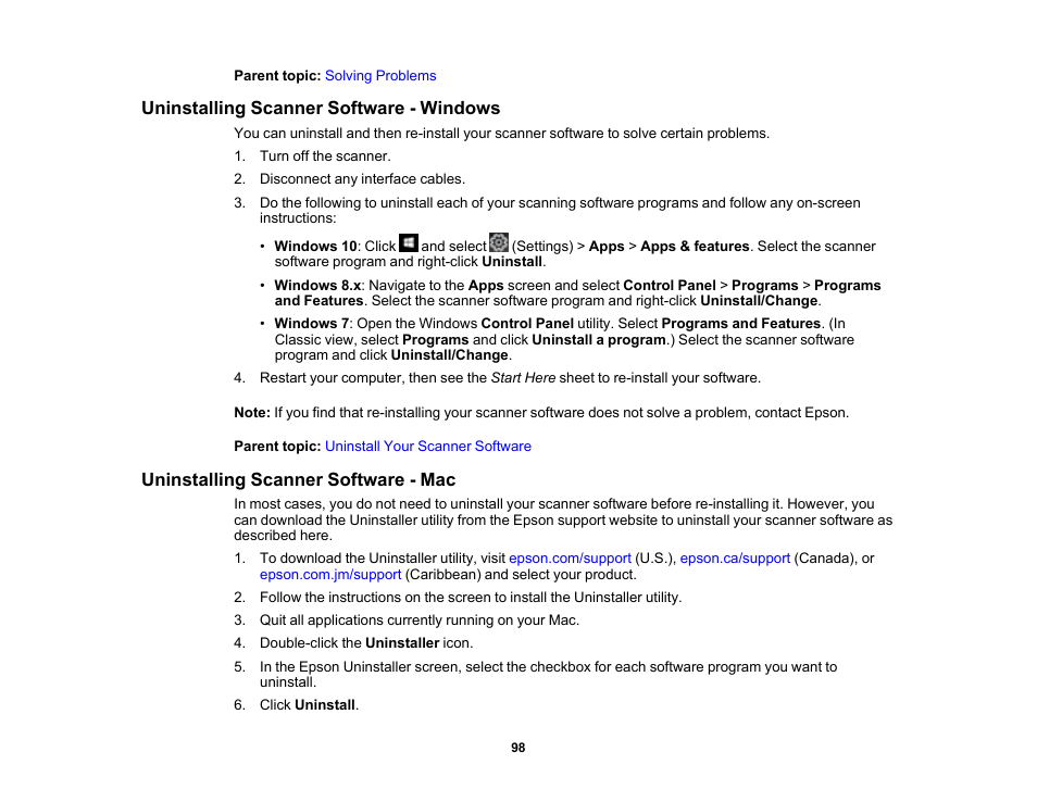 Uninstalling scanner software - windows, Uninstalling scanner software - mac | Epson DS-1630 Flatbed Color Document Scanner User Manual | Page 98 / 115