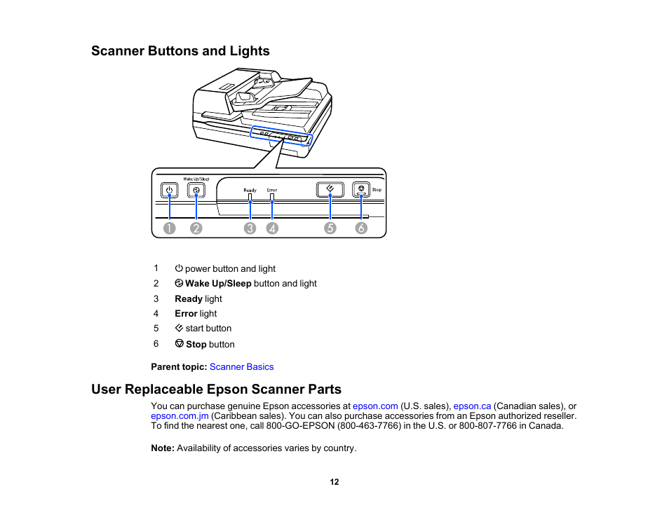 Scanner buttons and lights, User replaceable epson scanner parts | Epson WorkForce DS-6500 Document Scanner User Manual | Page 12 / 95