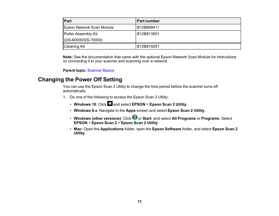 Changing the power off setting | Epson WorkForce DS-6500 Document Scanner User Manual | Page 13 / 95