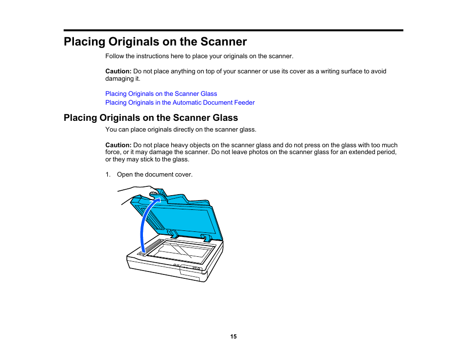 Placing originals on the scanner, Placing originals on the scanner glass | Epson WorkForce DS-6500 Document Scanner User Manual | Page 15 / 95