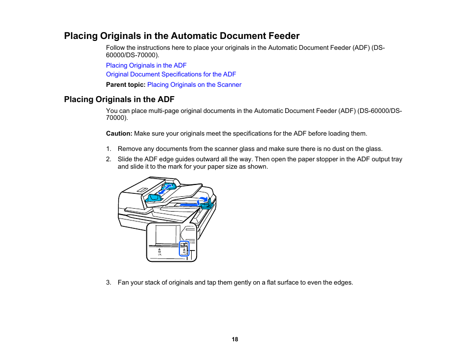 Placing originals in the automatic document feeder, Placing originals in the adf | Epson WorkForce DS-6500 Document Scanner User Manual | Page 18 / 95