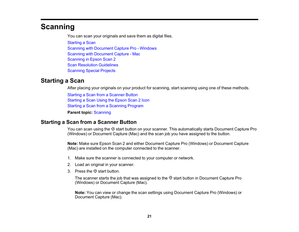 Scanning, Starting a scan, Starting a scan from a scanner button | Epson WorkForce DS-6500 Document Scanner User Manual | Page 21 / 95