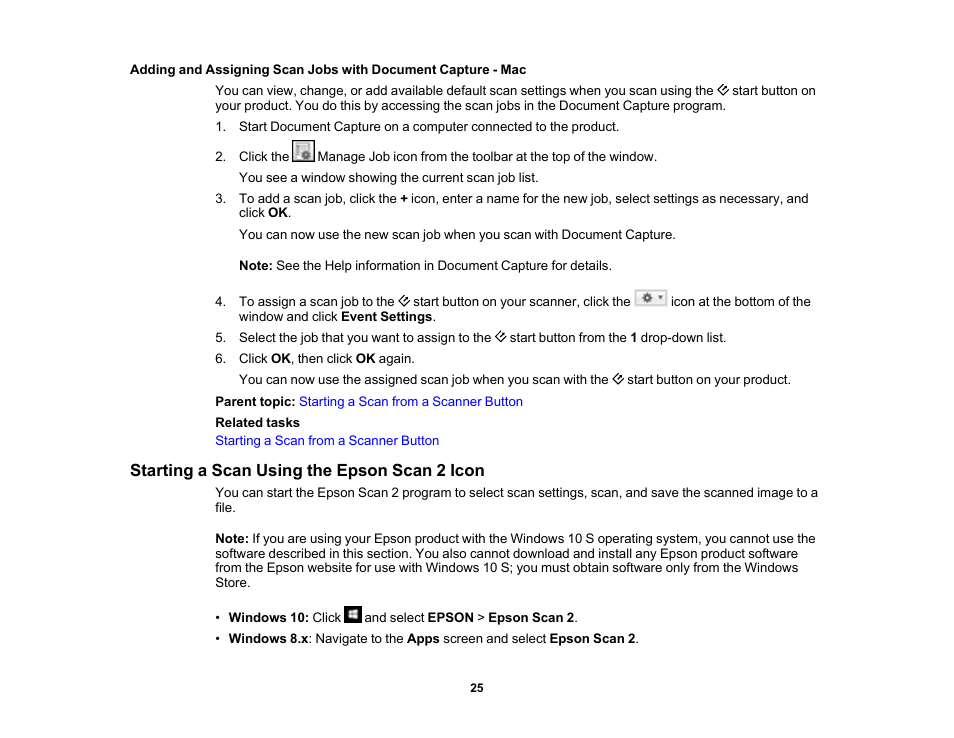 Starting a scan using the epson scan 2 icon | Epson WorkForce DS-6500 Document Scanner User Manual | Page 25 / 95