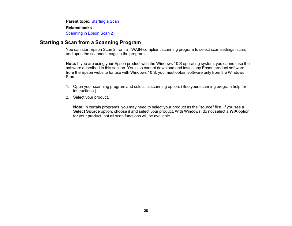 Starting a scan from a scanning program | Epson WorkForce DS-6500 Document Scanner User Manual | Page 28 / 95