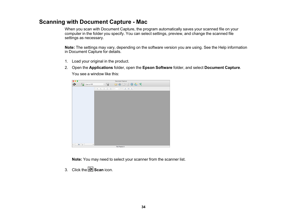 Scanning with document capture - mac | Epson WorkForce DS-6500 Document Scanner User Manual | Page 34 / 95