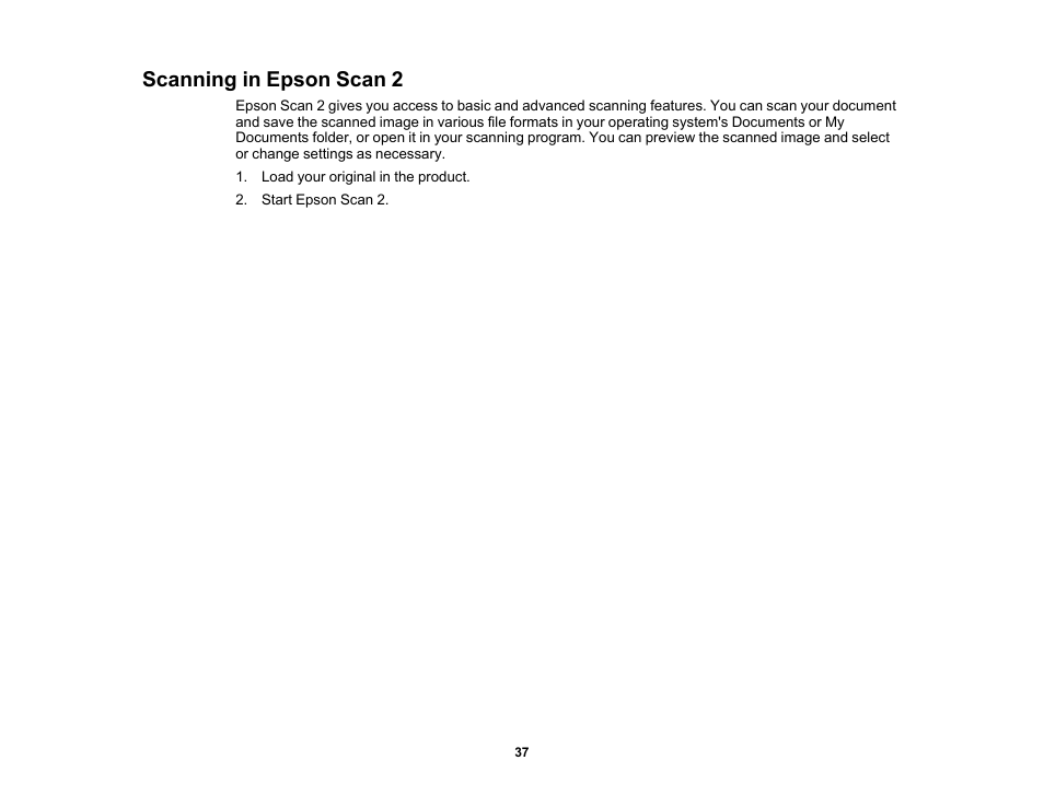 Scanning in epson scan 2 | Epson WorkForce DS-6500 Document Scanner User Manual | Page 37 / 95