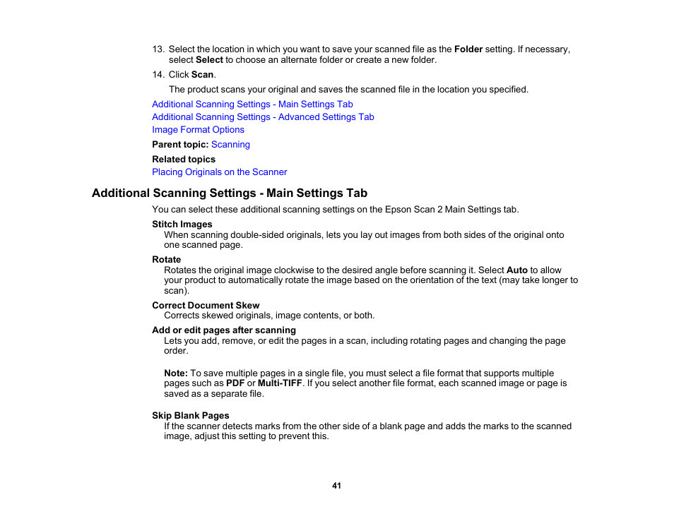 Additional scanning settings - main settings tab | Epson WorkForce DS-6500 Document Scanner User Manual | Page 41 / 95